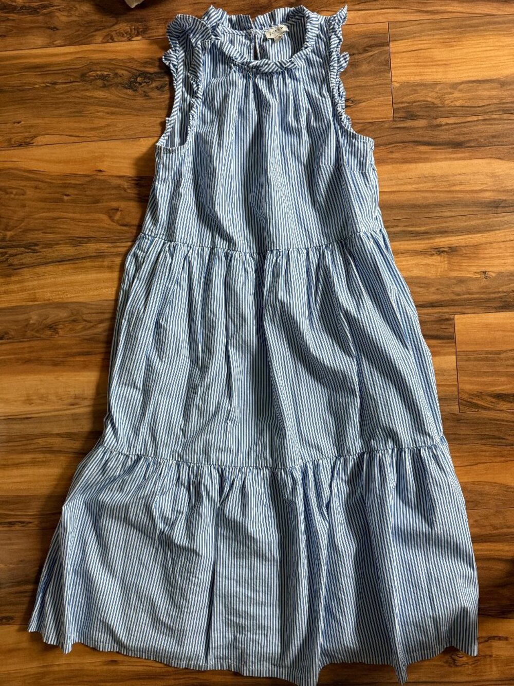 J Crew Blue and White Stripped Tiered Ruffle Neck Maxi Dress